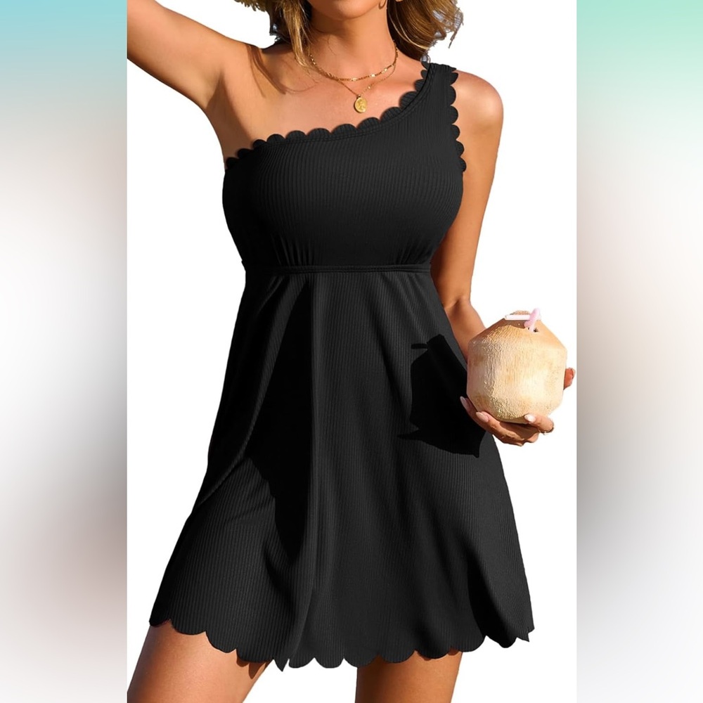 NEW Ribbed Scalloped One Shoulder Swim Suit Dress with Tummy Control in Black
